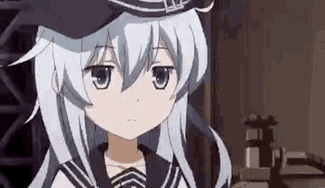 a close up of a anime girl wearing a hat and a sailor uniform .