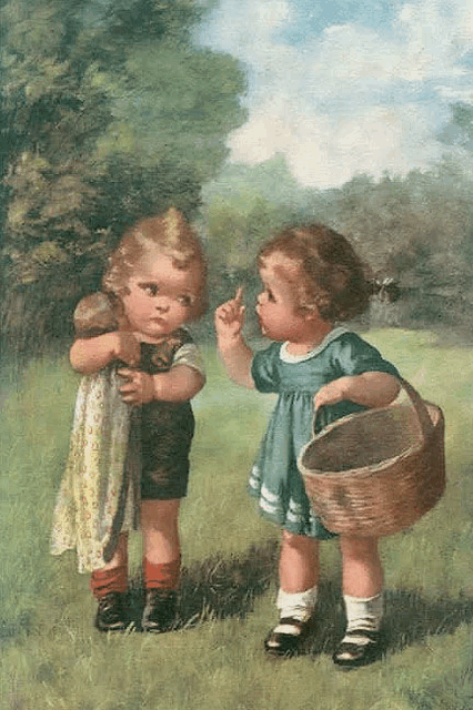 a boy and a girl are standing in a grassy field