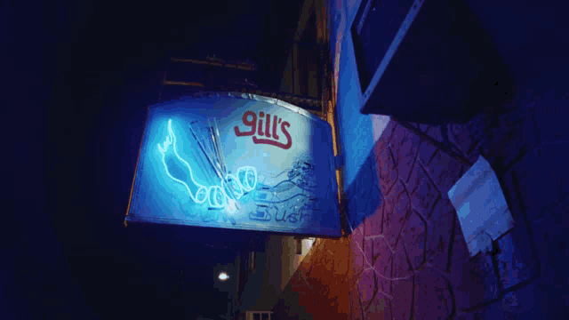 a neon sign for gill 's sushi hangs on a wall