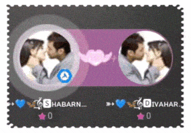 a stamp with a picture of a man and woman kissing and the name shabarn on it