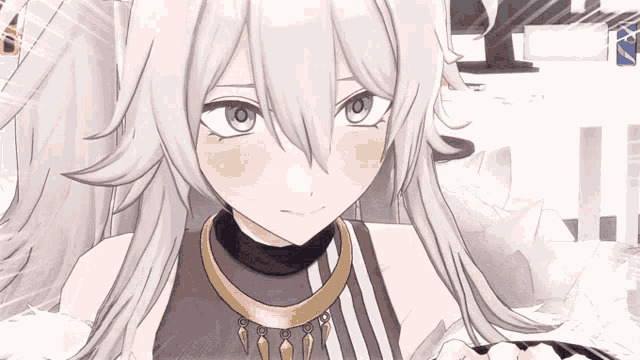 a close up of a white haired anime character with a necklace around her neck