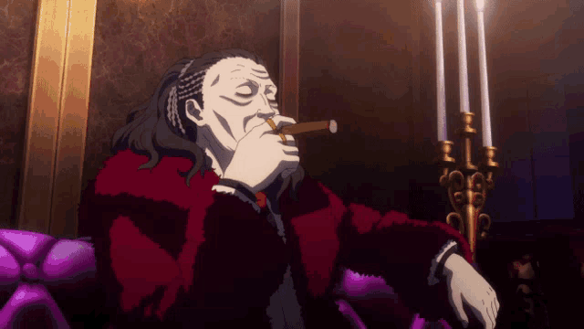 a man in a red coat smoking a cigar