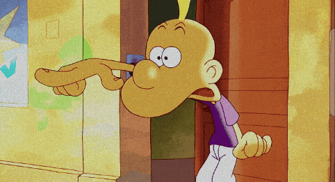 a cartoon character with a big nose and a purple shirt