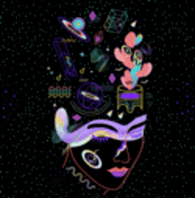 a colorful drawing of a woman 's face with space objects coming out of it