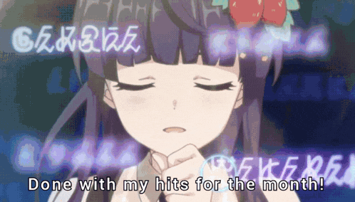 a girl with her eyes closed and the words done with my hits for the month behind her
