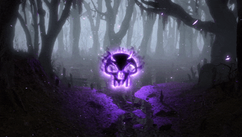 a purple skull is surrounded by trees in a dark forest
