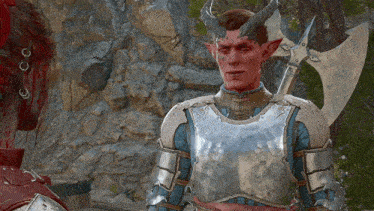 a man with horns and a sword is talking to another man