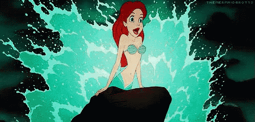 ariel from the little mermaid is sitting on a rock in the ocean surrounded by waves .