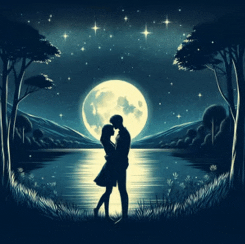 a painting of a man and woman kissing in front of a full moon