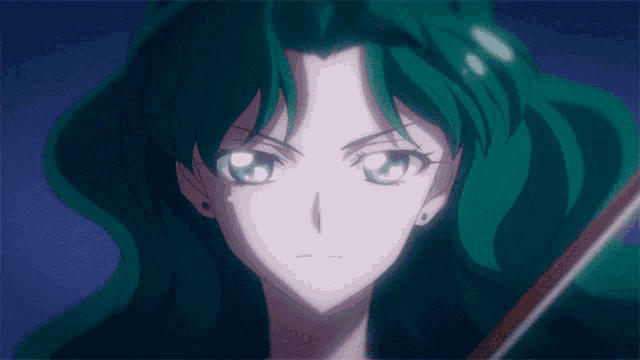 a woman with green hair and blue eyes holds a violin