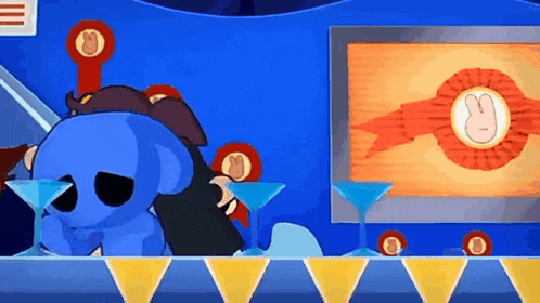 a cartoon character is sitting at a bar with a martini glass in front of him .