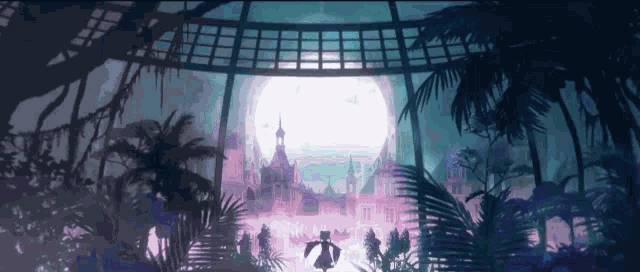 a painting of a castle surrounded by palm trees and a full moon