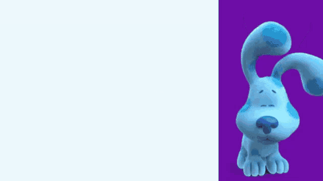 a blue dog on an orange and a purple background