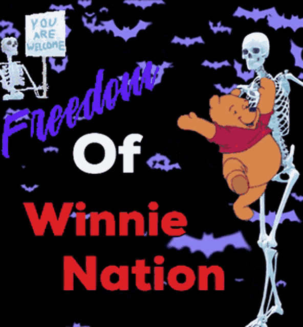 a winnie the pooh poster with a skeleton holding a sign that says " you are welcome "