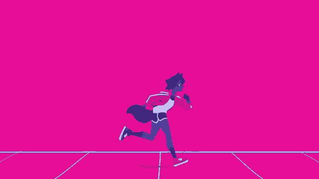a cartoon character is running on a track with a pink background .