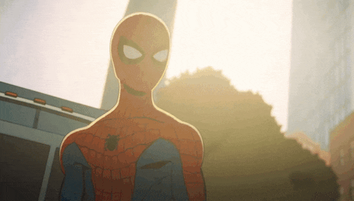 a cartoon drawing of a spider-man standing in front of a building