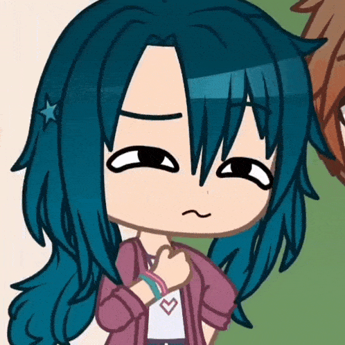 a close up of a cartoon character with blue hair