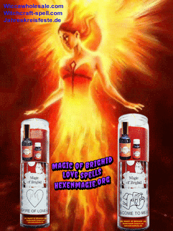 an advertisement for magic of bright love spells shows a woman on fire