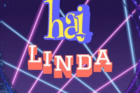a neon sign that says hai linda with a purple background
