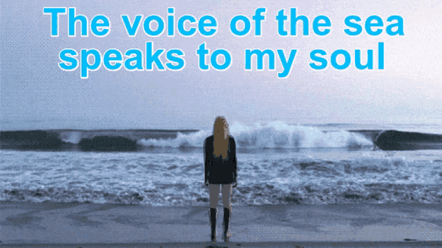 a woman standing on a beach with the words " the voice of the sea speaks to my soul "