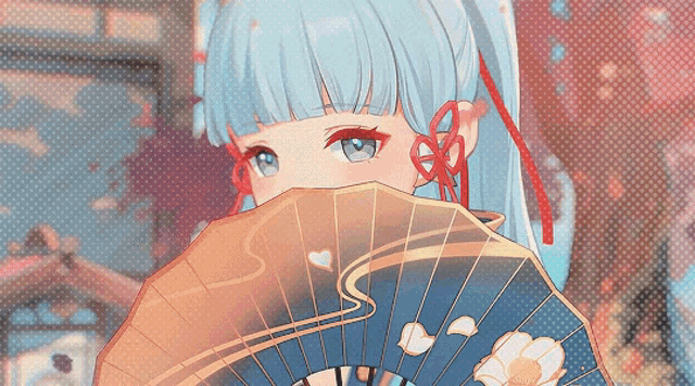 a blue haired anime girl is holding a fan in front of her face