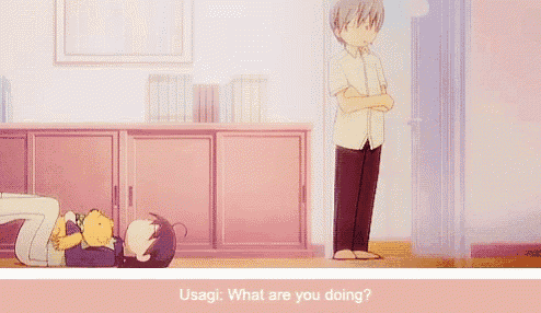 a man standing next to a woman laying on the floor with the words misaki wiping the floor