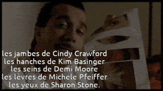 a man holding a piece of paper that says les jambes de cindy crawford les hanches de kim basinger