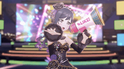 a girl in a black dress is holding a megaphone that says like on it