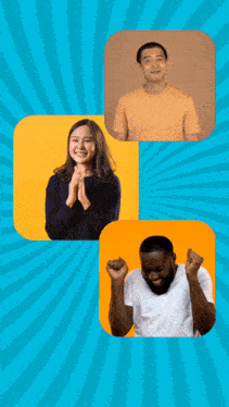 a man and a woman are standing next to each other on a blue and orange background