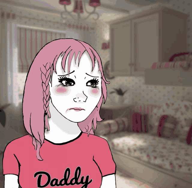 a drawing of a girl with pink hair wearing a shirt that says daddy