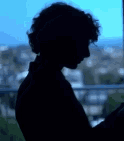 a silhouette of a person with curly hair is looking out a window