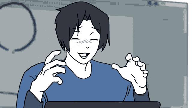 a black and white drawing of a person with a blue shirt