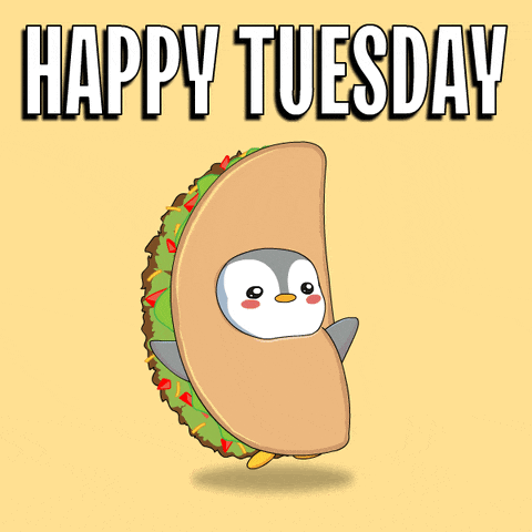 a taco with a penguin inside of it and the words happy tuesday