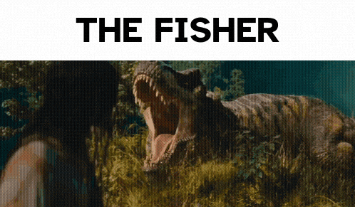 a picture of a dinosaur with its mouth open and the words the fisher above it