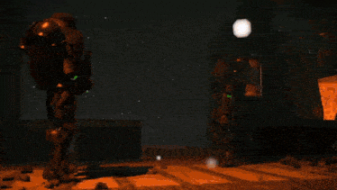 two soldiers are standing in a dark room with a light shining on them