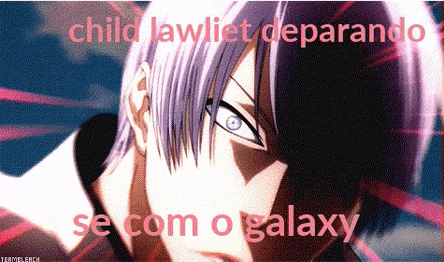 a purple haired anime character with the words child lawliet deparando se com o galaxy above him
