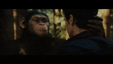 a man and a monkey are looking at each other in a dark room