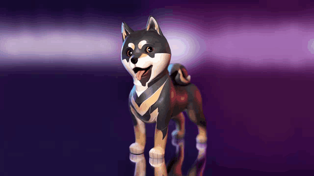 a statue of a dog with its tongue hanging out on a purple background