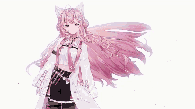 a girl with pink hair and white ears is wearing a white coat and black shorts