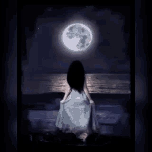a woman in a blue dress is standing on a beach at night looking at the moon .