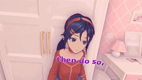 a girl standing in front of a door with the words and find out what 's in