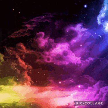 a picture of a colorful galaxy with the words pic collage on the bottom right