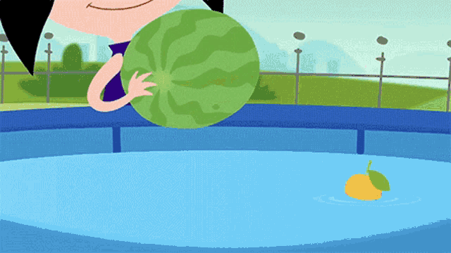 a cartoon character is holding a watermelon over a swimming pool