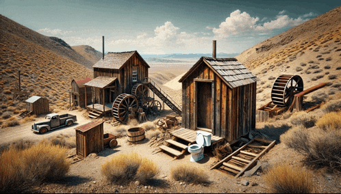 a painting of an old western town with a truck in the foreground