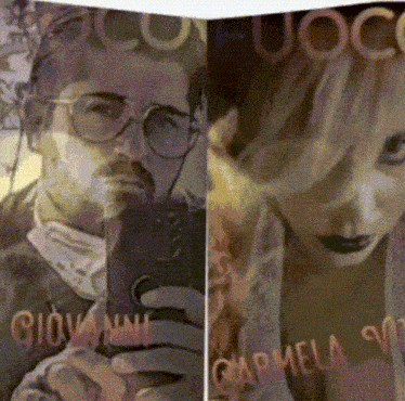 a man taking a selfie next to a woman with the name carmela on the bottom right