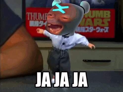 a cartoon character is standing in front of a sign for thumb wars