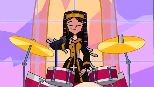 a cartoon of a nun playing drums with a microphone