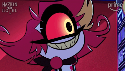 a poster for hazbin hotel shows a cartoon character smiling