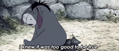 eeyore from winnie the pooh sits on a rock with the words i knew it was too good to be true below him