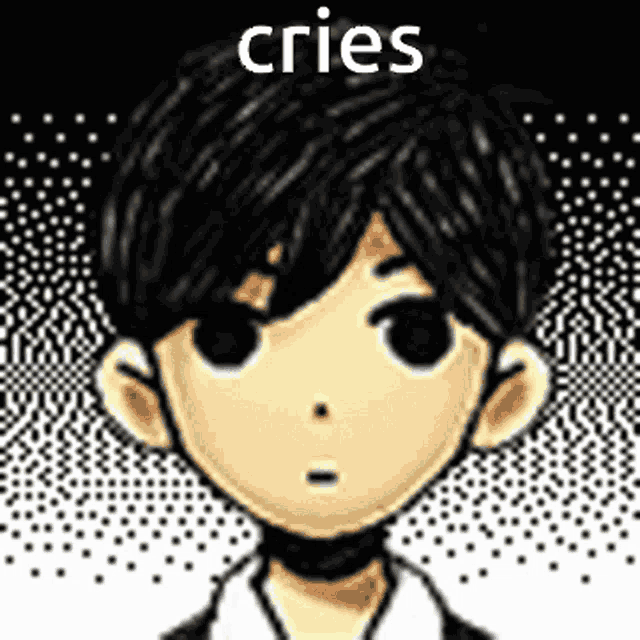 a pixel art drawing of a boy with the words `` cries '' written above his head .